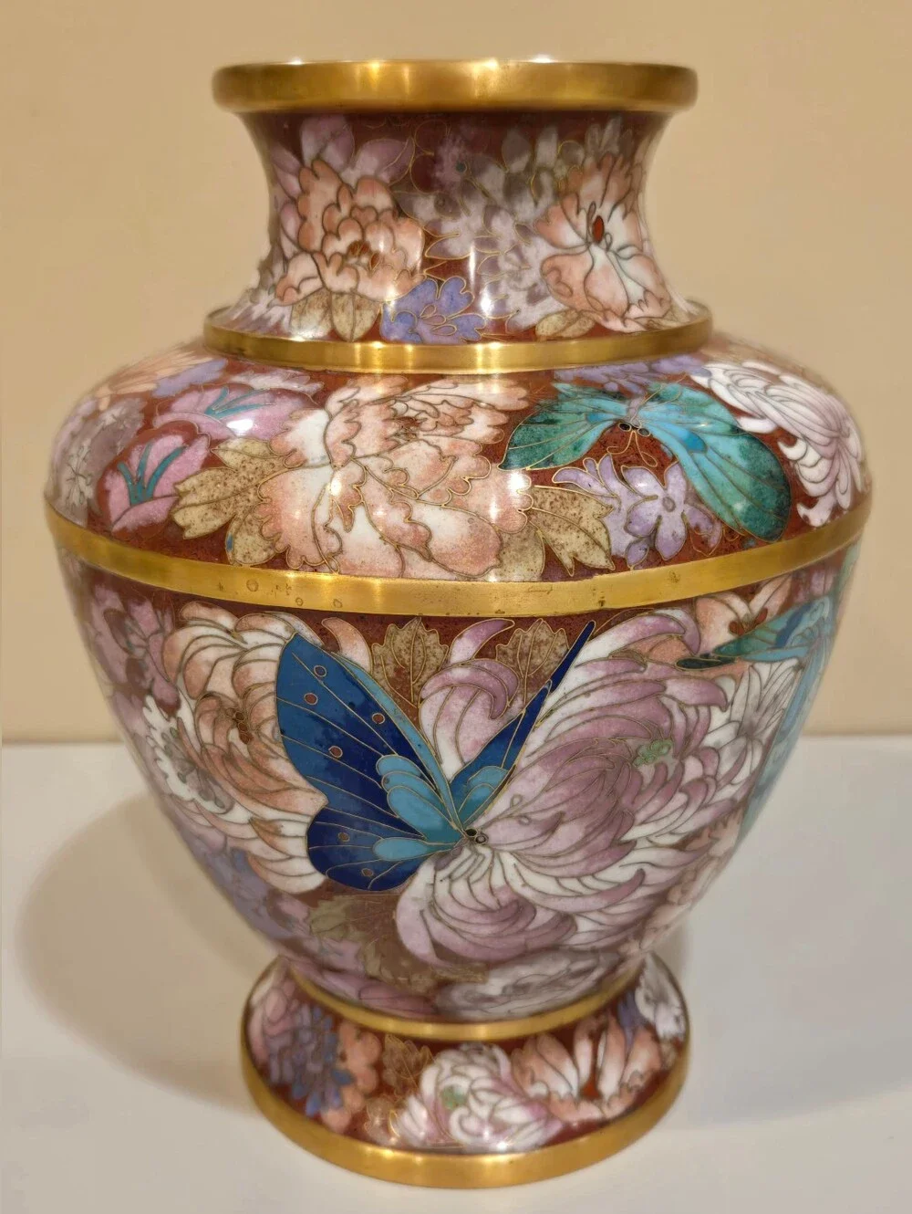 Ornate Pink and Blue Butterfly Cloisonné Vase